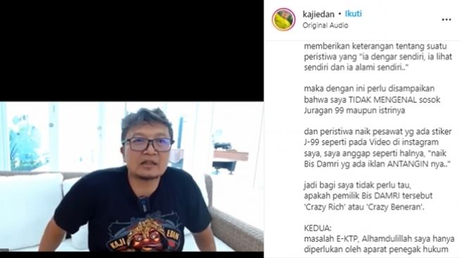 Kaji Edan membantah mengenal apalagi mendanai Juragan 99, termasuk soal menyediakan pesawat pribadi. (Instagram/@kajiedan)