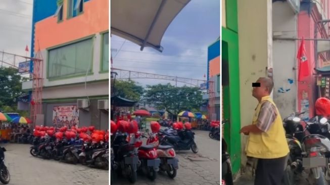 Juru parkir rapikan motor sesuai jenis dan bungkus helm dengan plastik. (Instagram/@statusfakta)