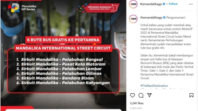 Bus gratis untu para penonton MotoGP Indonesia 2022 (Instagram)