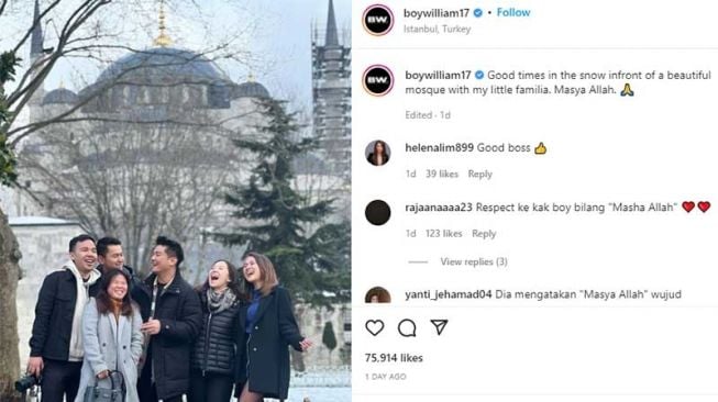 Momen Boy William dan rekannya berfoto di depan masjid Turki. [Tangkapan layar Instagram]