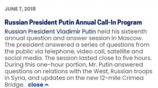 Screenshot penelusuran di c-span.org mengenai topik diskusi Presiden Rusia, Vladimir Putin, di sesi tanya jawab tahunan tertanggal 7 Juni 2018. (Turnbackhoax.id)