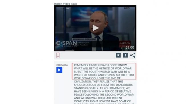 Screenshot penelusuran di c-span.org mengenai transkrip yang disampaikan Presiden Rusia, Vladimir Putin, di sesi tanya jawab tahunan tertanggal 7 Juni 2018. (Turnbackhoax.id)