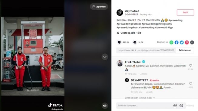 Pasangan satu profesi foto prewedding di SPBU sampai dikomentari Menteri BUMN, Erick Thohir. (TikTok/@deymotret)