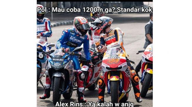 Meme kocak obrolan Pol Espargaro dan Alex Rins saat parade pembalap MotoGP di Jakarta (Instagram)