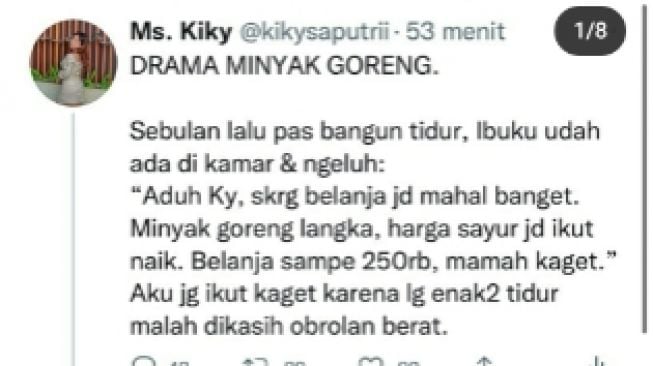 Cuitan Kiky Saputri Soal Drama Minyak Goreng ( Instagram/@kikysaputrii )