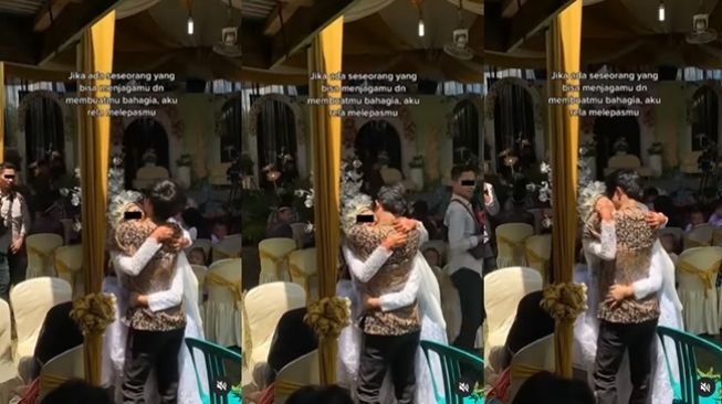 Pengantin wanita memeluk pria lain dengan erat di tempat pernikahan.  (Instagram/@talkshow_ngakak)