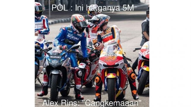 Meme kocak obrolan Pol Espargaro dan Alex Rins saat parade pembalap MotoGP di Jakarta (Instagram)