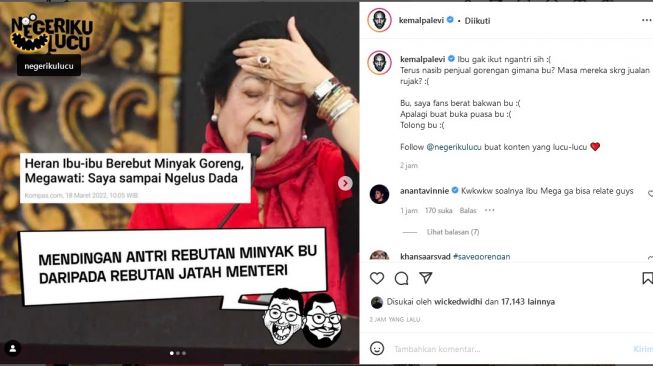 Kemal Palevi sindir Megawati soal minyak goreng di Instagram. 