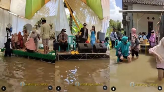 Pasangan di Cilacap tetap menyelenggarakan pernikahan meski banjir selutut. (Instagram/@instakroya_official)