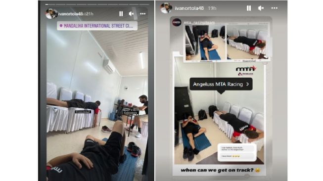 Ivan Ortola tidur menggunakan kursi kondangan saat di Sirkuit Mandalika (Instagram-ivanortola48)