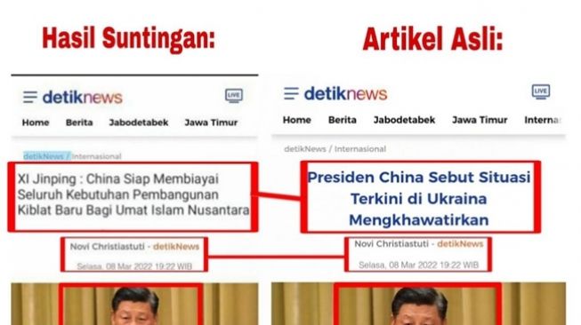 Perbandingan artikel asli detikNews mengenai Presiden China, Xi Jinping, dengan yang sudah disunting. (Turnbackhoax.id)