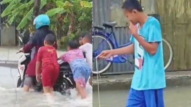 Bak Wahana, Sekumpulan Bocah Main di Jalan Banjir Bantu Pengendara Sampai Nyebrangin Tikus, Warganet: Wonderful Kebumen