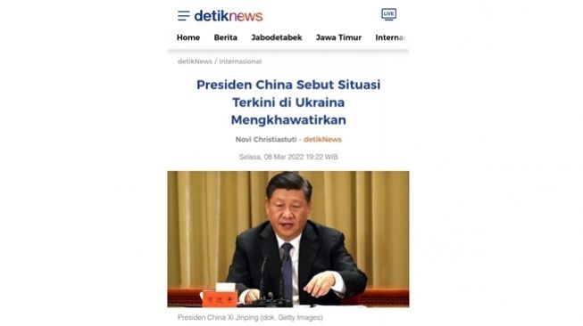 Tangkapan layar artikel asli detikNews mengenai pernyataan Presiden China, Xi Jinping. (Turnbackhoax.id)