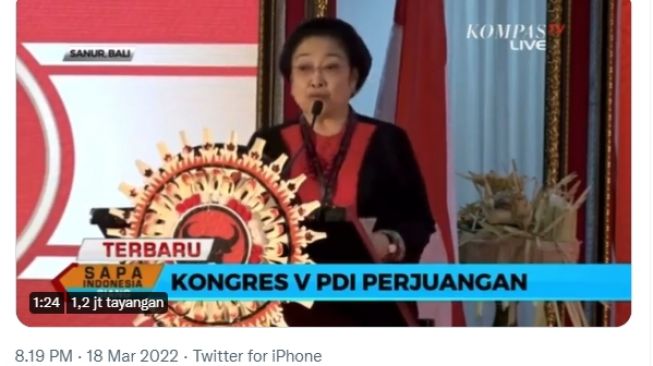 Postingan Kemal Pahlevi tentang video Megawati Soekarnoputri sedang berbicara di Kongres V PDIP di Sanur, Bali.