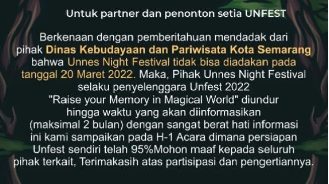 Heboh! Acara Unfest 2022 Mendadak Dibatalkan Disbudpar Kota Semarang, Warganet: MotoGP Mandalika Anti PPKM Ya Pak?