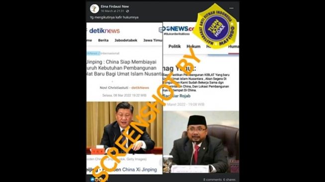 Tangkapan layar unggahan klaim China siap membiayai pembangunan kiblat baru untuk Islam Nusantara di Facebook. (Turnbackhoax.id)