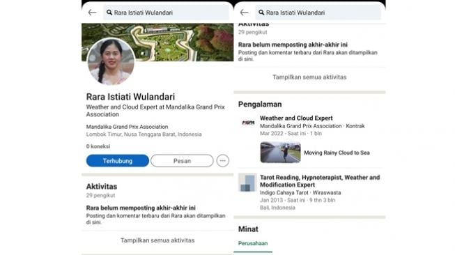 Profil LinkedIn pawang hujan MotoGP Mandalika, Rara Istiati Wulandari, yang mencantumkan profesi sebagai Weather and Cloud Expert. (Twitter/@txtdarikorporat)