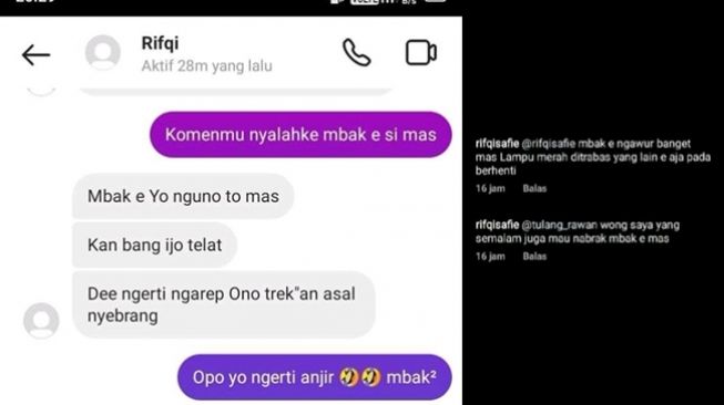 Screenshot DM dan komentar pebalap liar yang malah berbalik menyalahkan korban. (Twitter)