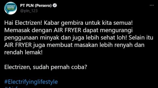 Unggahan PLN soal airfryer. [Twitter]