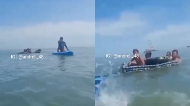 Bocil Main Kapal-kapalan Pakai Kasur, Berakhir Terbawa Ombak Ngambang di Tengah Laut, Publik sampai Melongo