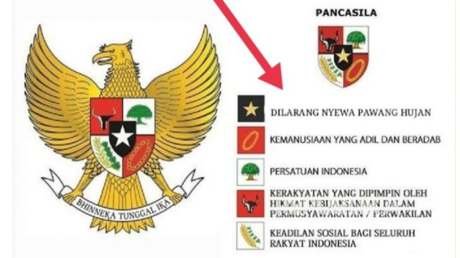 Viral! Beredar Foto Sila Pertama di Pancasila Dipelesetkan Jadi "Dilarang Sewa Pawang Hujan"