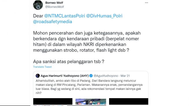 Mitsubishi Triton AHY jadi sorotan karena penggunaan strobo (Twitter)