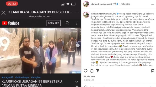 Reaksi Nikita Mirzani soal pengakuan kebohongan Gilang Juragan 99 [Instagram/@nikitamirzanimawardi_172]