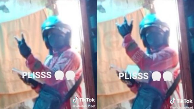 Aksi kurir paket berpose di kamera customer (TikTok wholesunset)