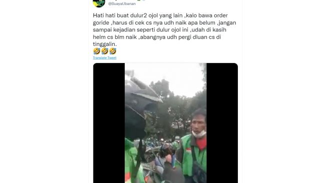 Ojol heran dan tak sadar kalau penumpang belum diangkutnya (Twitter)