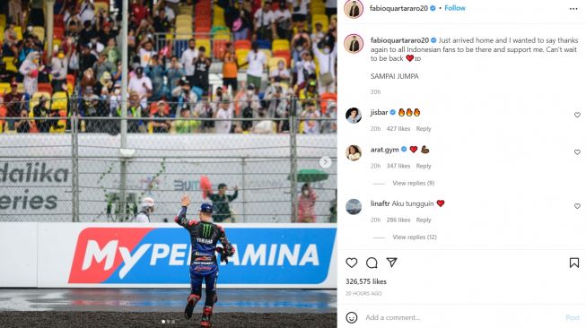 Postingan di akun media sosial Fabio Quartararo yang merasa tak sabar ingin balik ke Indonesia lagi (Instagram)