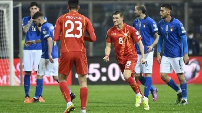 Usai pertandingan Italia vs Makedonia Utara di playoff kualifikasi Piala Dunia 2022 pada 24 Maret 2022 di stadion Renzo-Barbera di Palermo. Makedonia Utara menang 1-0 atas Italia. Alberto PIZZOLI/AFP