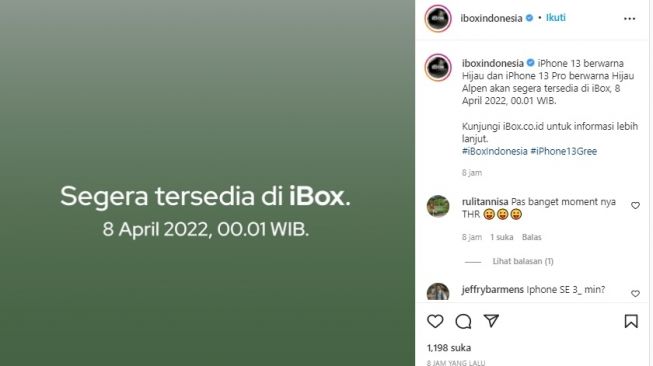 iPhone 13 hijau segera hadir di Indonesia. [Instagram /@iboxindonesia]
