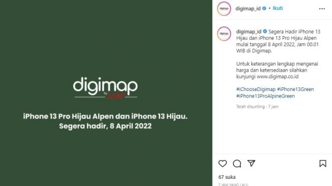 iPhone 13 hijau segera hadir di Indonesia. [Instagram /@digimap_id]