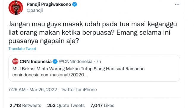 Tangkapan layar akun Twitter  Pandji Pragiwaksono