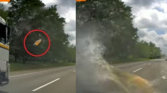 Kurang Ajar! Sopir Truk Buang Sekresek Air Mirip Kencing ke Jalan, Kena Spion Pengendara Lain