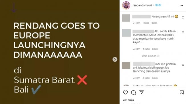 Tangkapan layar postingan Reno Andam Suri mengenai kekecewaan masyarakat Minang soal launching 'Rendang Goes to Europe' di Bali. (Instagram/@renoandamsuri)