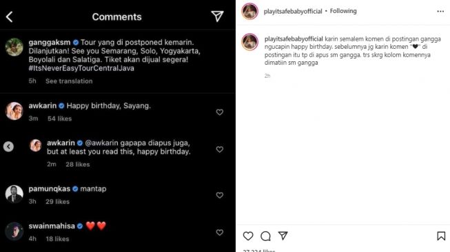 Awkarin tulis komentar di postingan Gangga Kusuma (instagram.com)