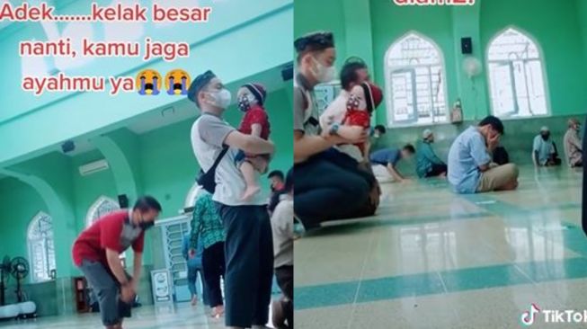 Momen Ayah Gendong Putranya Saat Tunaikan Ibadah Salat di Masjid Mendadak Viral