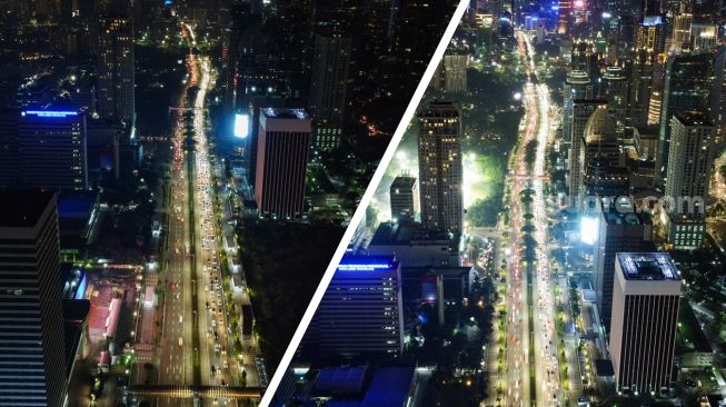 Suasana di Jalan Jenderal Sudirman saat lampu gedung-gedung belum dipadamkan (kanan) dan setelah dipadamkan (kiri) untuk memperingati Earth Hour di Jakarta, Sabtu (26/3/2022). [Suara.com/Alfian Winanto]