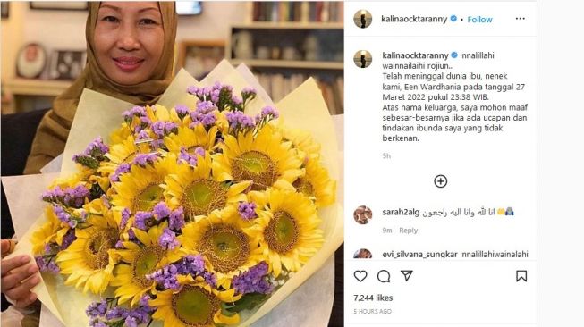 Ibunda Kalina Oktarani, Een Wardhania meninggal dunia [Instagram: kalinaocktaranny].