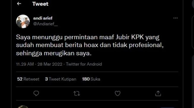 Cuitan Andi Arief dipanggil KPK. (bidik layar Twitter)