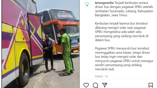 Cekcok sopir bus dengan petugas SPBU, diduga karena penumpang merokok saat isi BBM (Instagram)