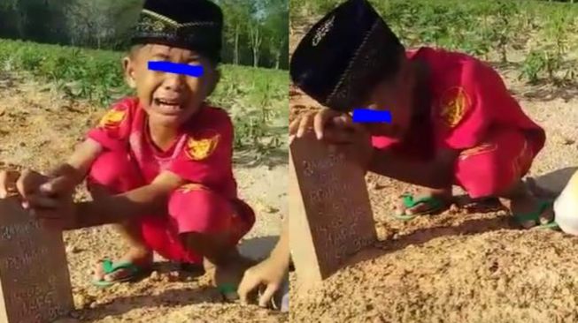 Seorang bocah laki-laki menangis tersedu-sedu di makam sang ayah (TikTok jackkyyy215)