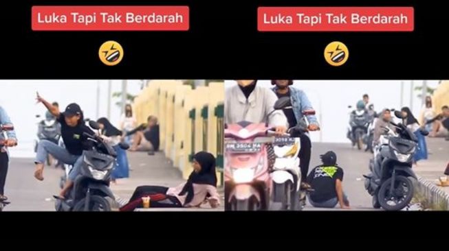 Momen seorang gadis terjatuh gegara kaget dengar klakson sepeda motor yang cukup keras (TikTok kolonelvijay)