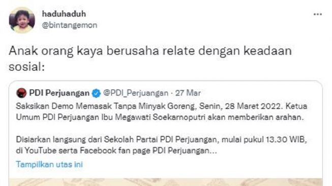 cuitan Bintang Emon terkait demo masak tanpa minyak yang digelar PDIP. [Twitter]