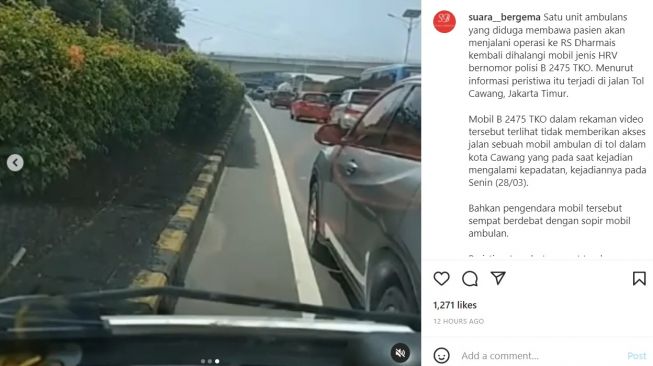 Ambulans Bawa Pasien Mau Operasi, Mobil HRV Ini Diduga Halangi Jalan (instagram/@suara__bergema)