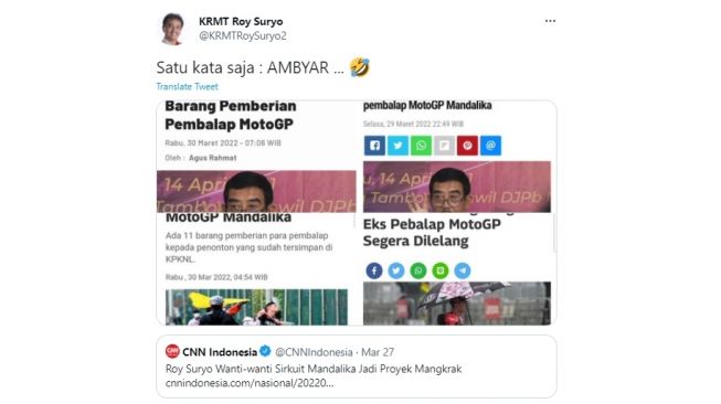 Roy Suryo menanggapi pedas rencana lelang barang pemberian pembalap MotoGP Mandalika oleh Kementerian Keuangan. (Twitter/@KRMTRoySuryo2)