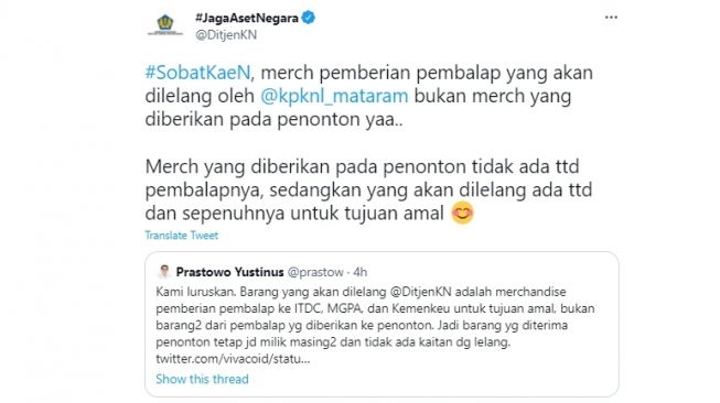 Klarifikasi Ditjen Kekayaan Negara Kemenkeu soal lelang barang pemberian pembalap MotoGP Mandalika. (Twitter/@DitjenKN)