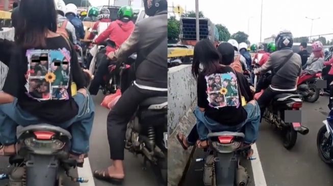 Cewek tak malu pakai kaos dengan sablon foto bareng pacar dan langsung jadi sorotan di tengah kemacetan jalan. (Instagram/@newdramaojol.id)