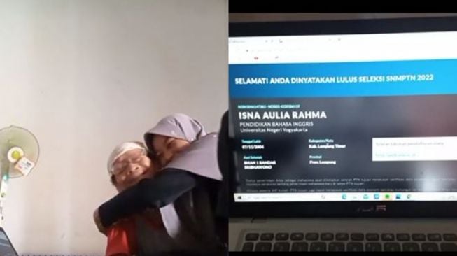 Momen haru Aulia memeluk sang nenek karena dia berhasil lulus SNMPTN Tahun 2022 (TikTok __aulliaa)